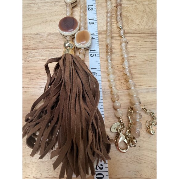 Chicos Long Beaded Necklace W/ Leather Tassel & Gradient Brown Accents - Picture 13 of 16